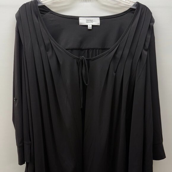 Textile Elizabeth James Size L Pleated Open-Front Tie Neck Cardigan Top Black - Picture 1 of 8